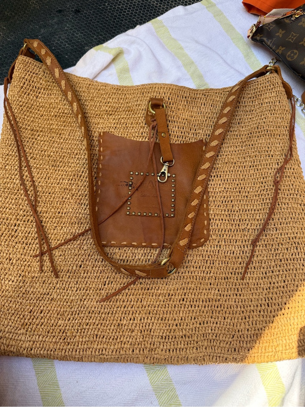 Sans Arcidet Paris Woven Straw Tote with Tan Leather Accent